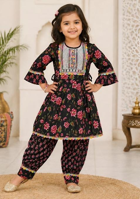 Black Printed Cotton Kurta Set For Girls