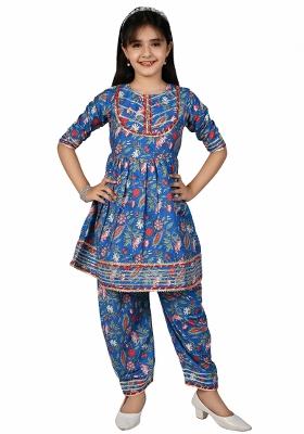 Blue Printed Cotton Kurta Set For Girls