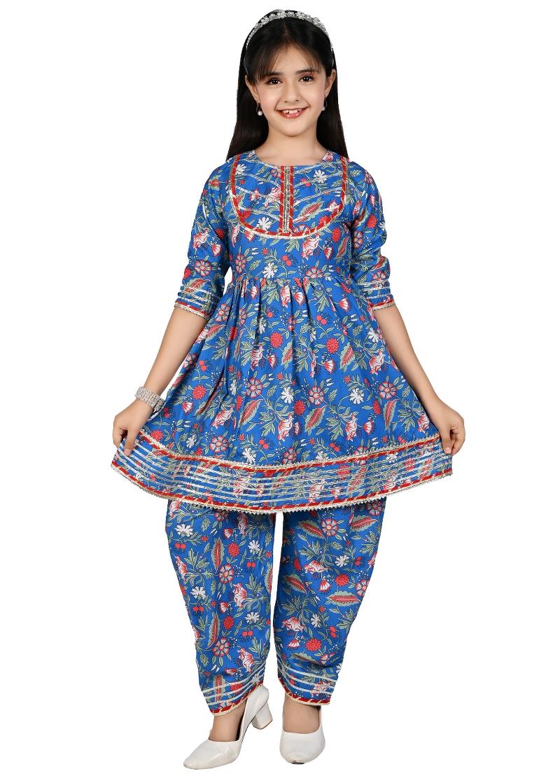 Blue Printed Cotton Kurta Set For Girls - Indya