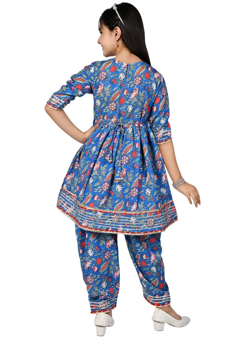 Blue Printed Cotton Kurta Set For Girls - Indya