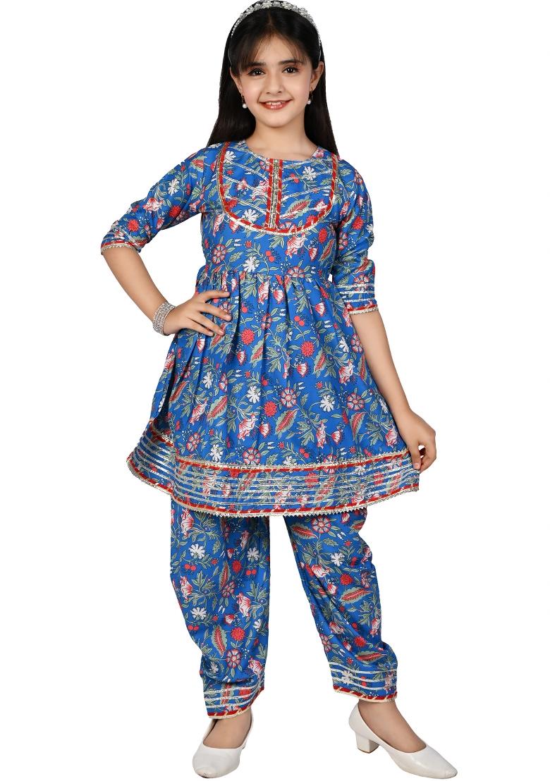 Blue Printed Cotton Kurta Set For Girls - Indya