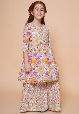 Multicolor Printed Cotton Kurta Set For Girls