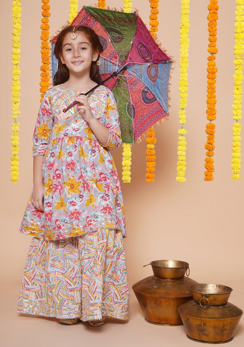 Multicolor Printed Cotton Kurta Set For Girls - Indya