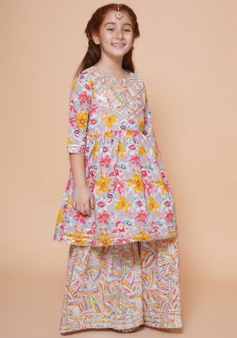 Multicolor Printed Cotton Kurta Set For Girls