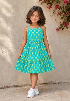 Turquoise Floral Print Cotton Dress For Girls
