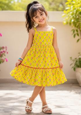 Yellow Floral Print Cotton Dress For Girls