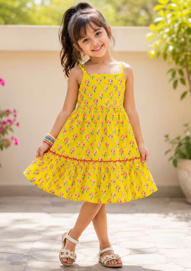 Yellow Floral Print Cotton Dress For Girls - Indya
