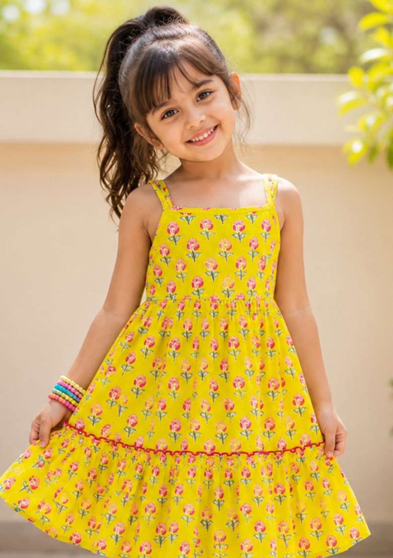 Yellow Floral Print Cotton Dress For Girls - Indya