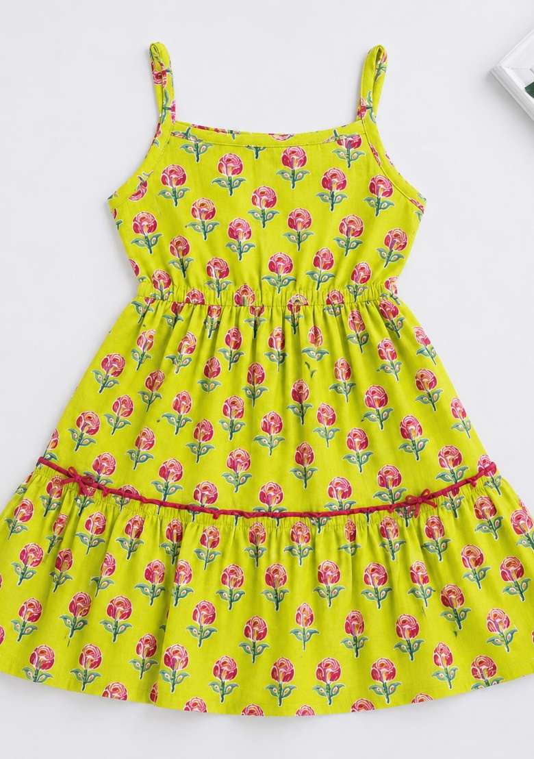Yellow Floral Print Cotton Dress For Girls - Indya