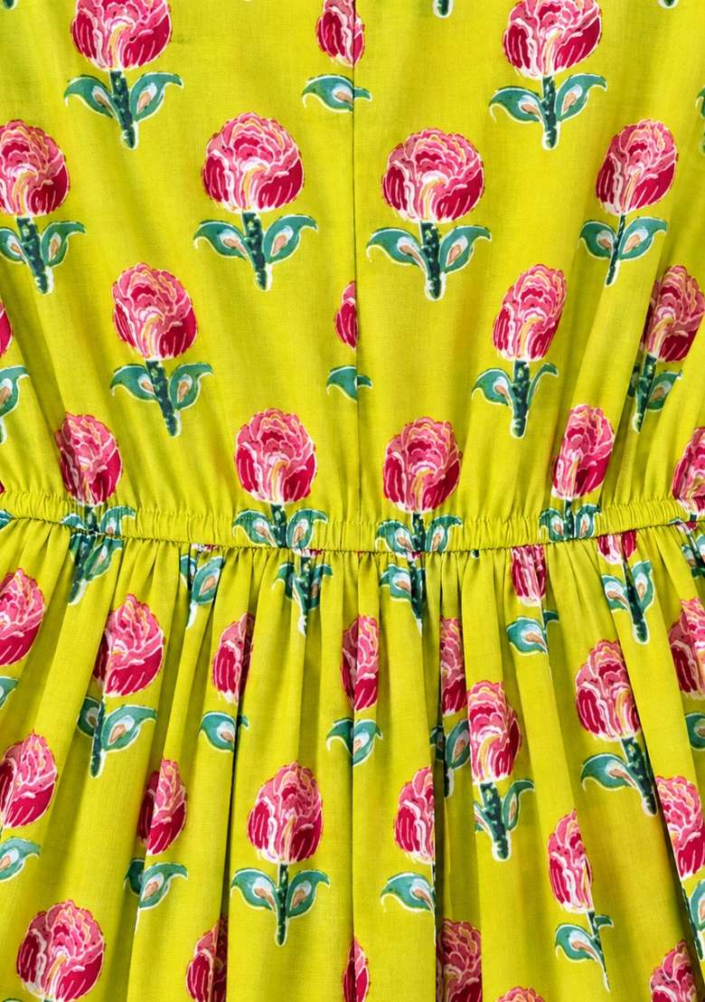 Yellow Floral Print Cotton Dress For Girls - Indya