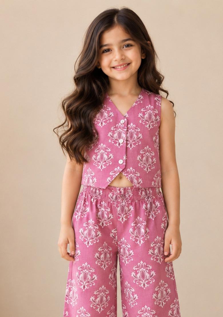 Pink Floral Print Cotton Sets And Suits For Girls - Indya