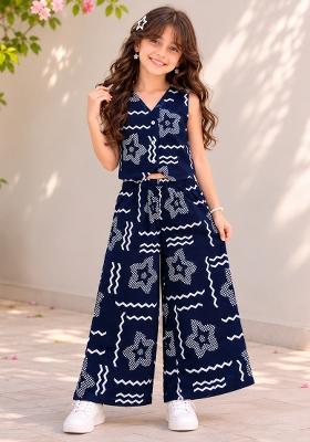 Navy Blue Printed Cotton Sets And Suits For Girls