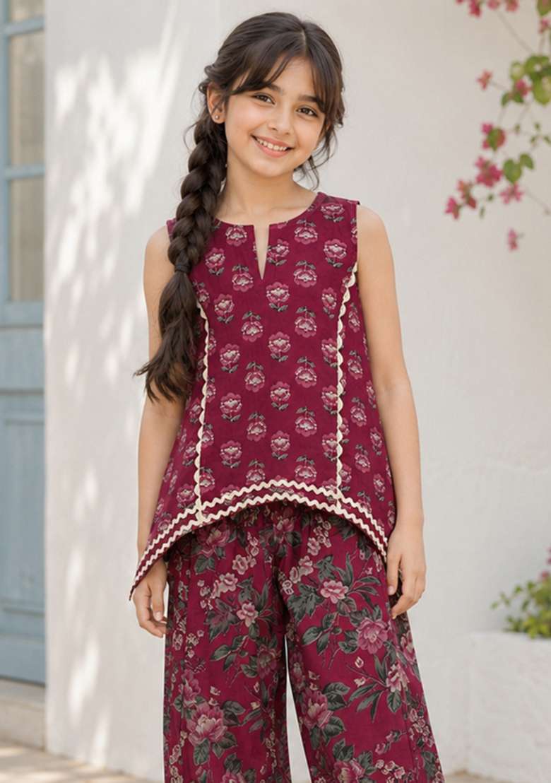 Magenta Floral Print Cotton Ethnic Set For Girls - Indya