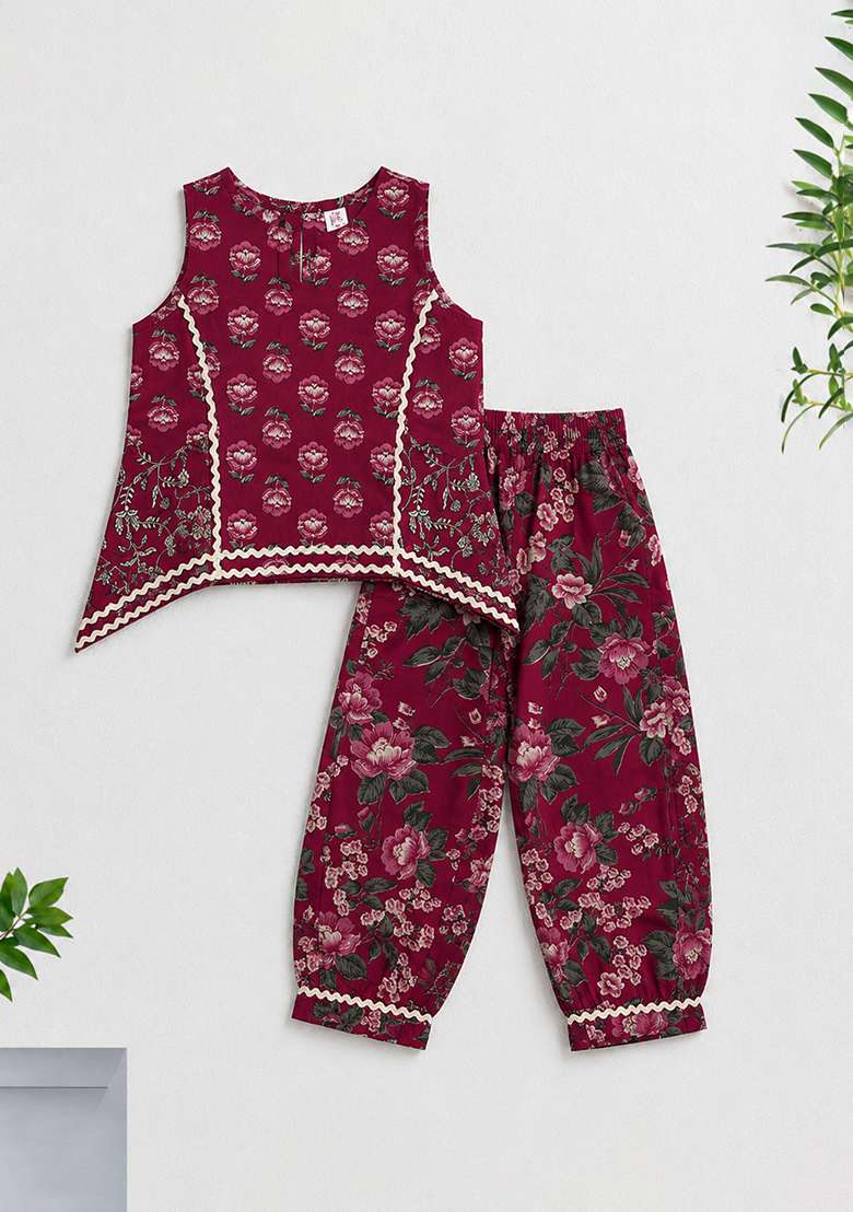 Magenta Floral Print Cotton Ethnic Set For Girls - Indya
