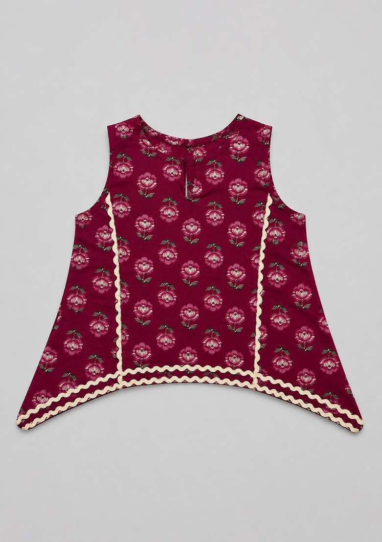 Magenta Floral Print Cotton Ethnic Set For Girls - Indya