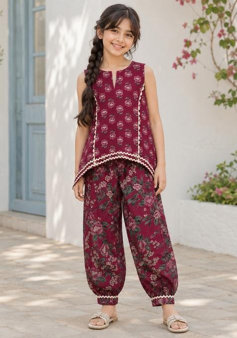 Magenta Floral Print Cotton Ethnic Set For Girls