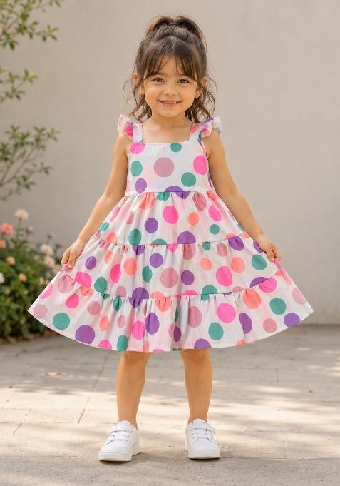 Multicolor Polka Dots Cotton Dress For Girls