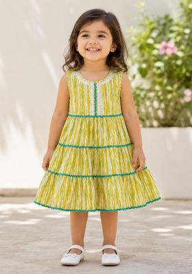 Yellow Abstract Print Cotton Dress For Girls