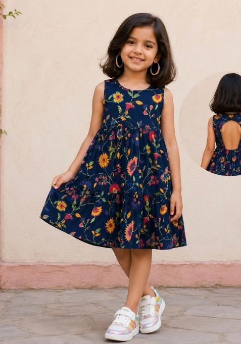 Navy Blue Floral Print Cotton Dress For Girls