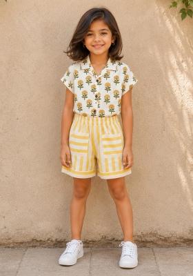 Yellow Striped Cotton Sets And Suits For Girls