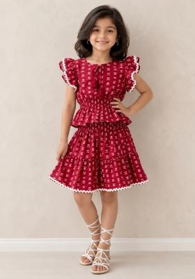 Red Floral Print Cotton Sets And Suits For Girls