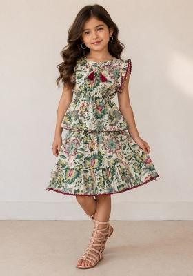 Multicolor Floral Print Cotton Sets And Suits For Girls