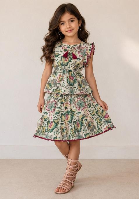 Multicolor Floral Print Cotton Sets And Suits For Girls