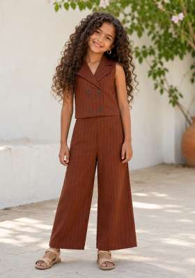 Brown Striped Polyester Sets And Suits For Girls
