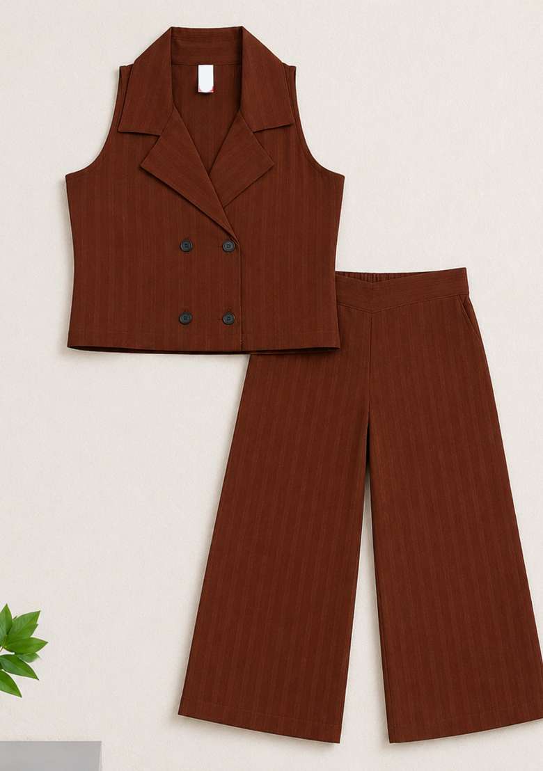 Brown Striped Polyester Sets And Suits For Girls - Indya