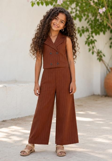 Brown Striped Polyester Sets And Suits For Girls