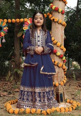 Navy Blue Embroidered Georgette Gown With Dupatta For Girls