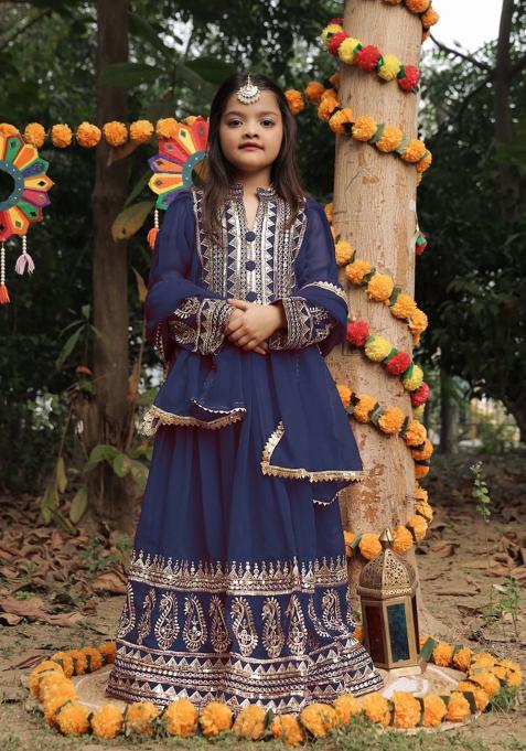 Navy Blue Embroidered Georgette Gown With Dupatta For Girls