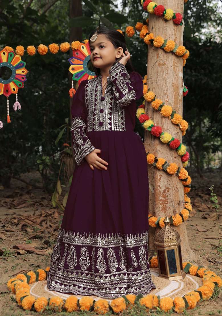 Purple Embroidered Georgette Gown With Dupatta For Girls - Indya