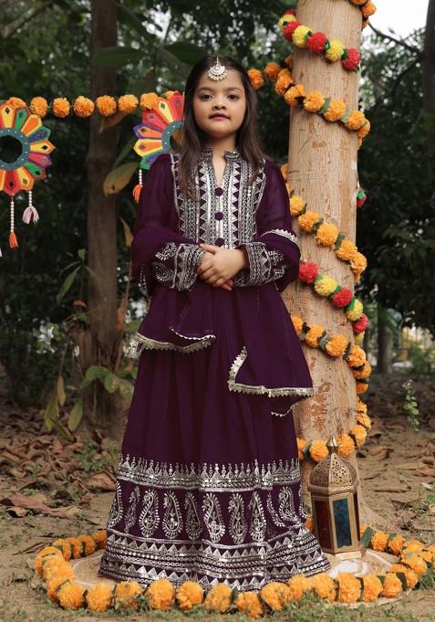 Purple Embroidered Georgette Gown With Dupatta For Girls