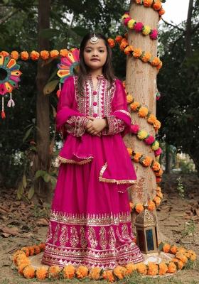 Rani Pink Embroidered Georgette Gown With Dupatta For Girls