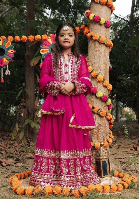 Rani Pink Embroidered Georgette Gown With Dupatta For Girls
