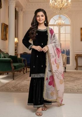 Black Embroidered Viscose Sharara Set For Girls
