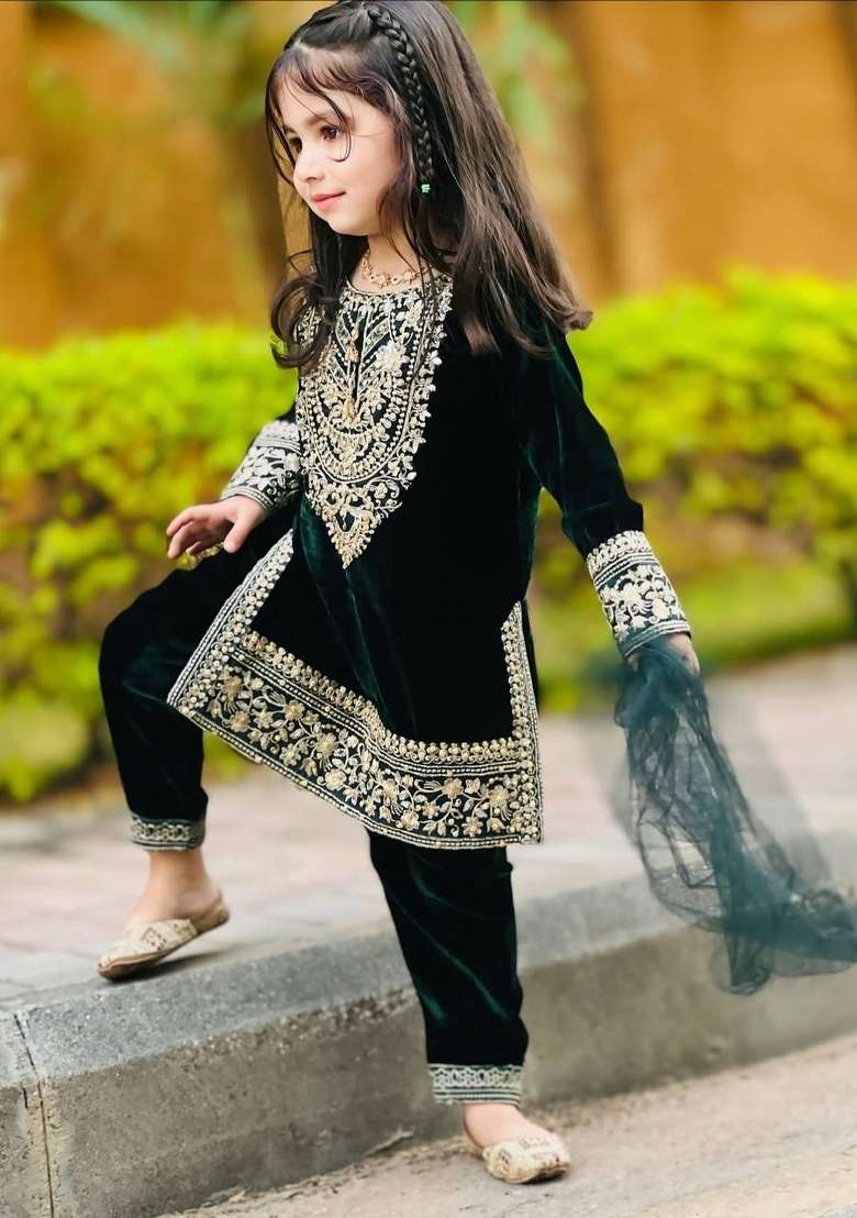 Green Embroidered Viscose Salwar Suits For Girls - Indya