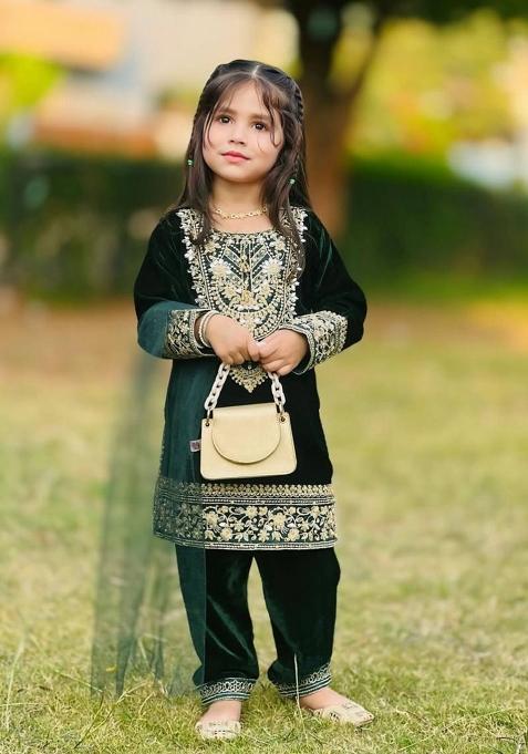 Green Embroidered Viscose Salwar Suits For Girls