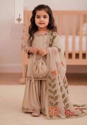 Cream Embroidered Silk Sharara Set For Girls