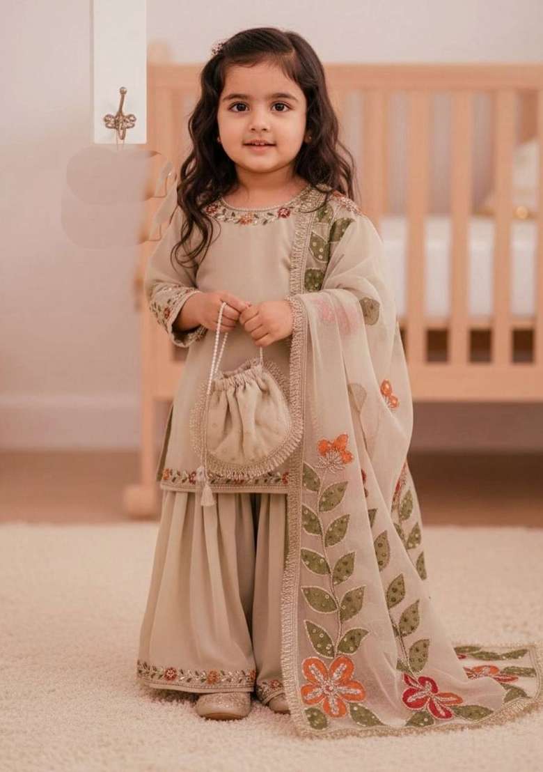 Cream Embroidered Silk Sharara Set For Girls - Indya