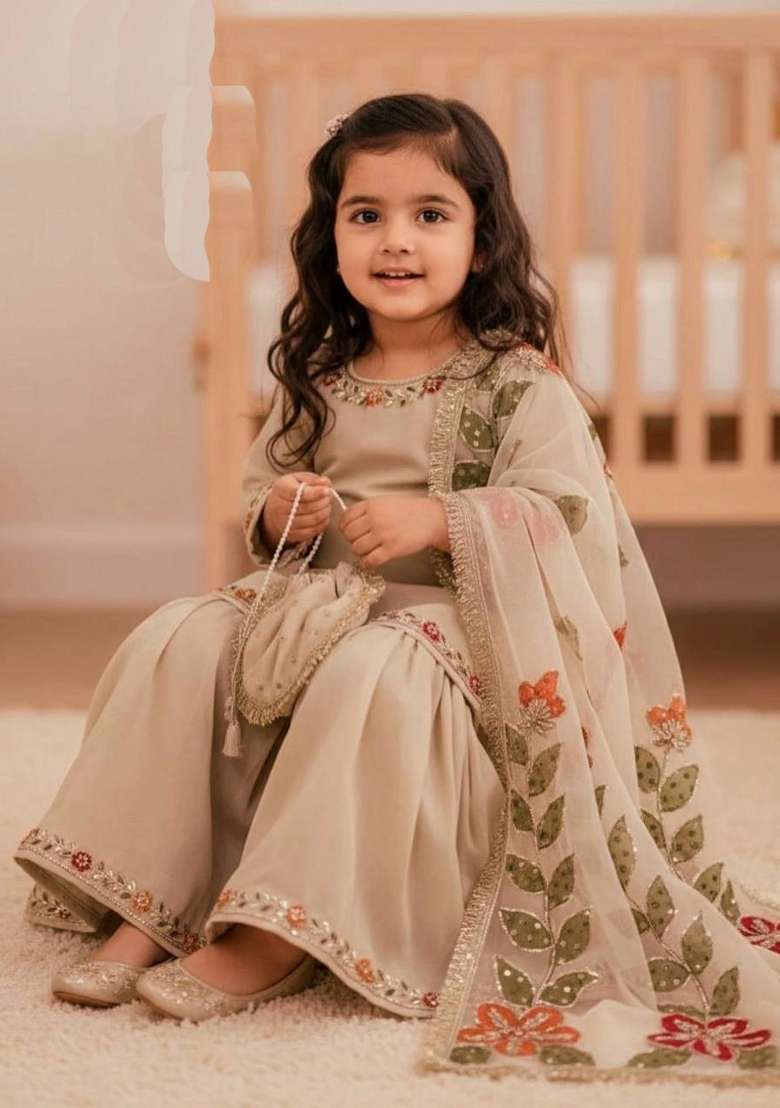 Cream Embroidered Silk Sharara Set For Girls - Indya