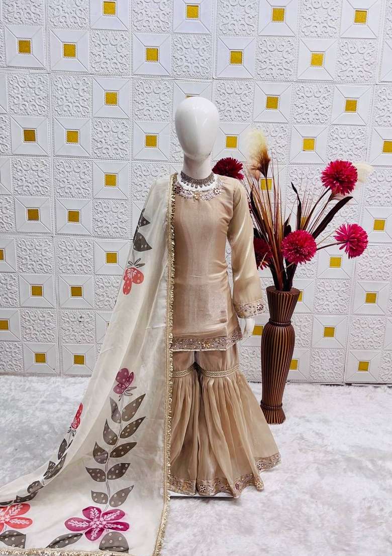 Cream Embroidered Silk Sharara Set For Girls - Indya