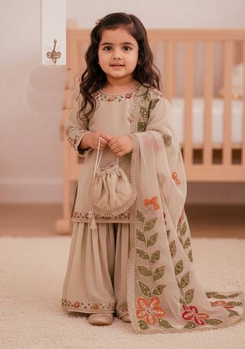 Cream Embroidered Silk Sharara Set For Girls