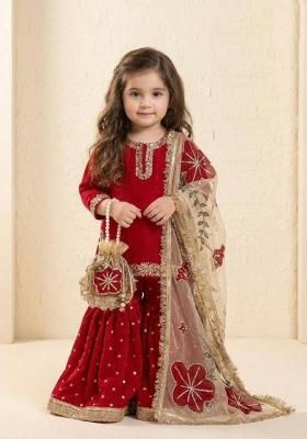 Maroon Embroidered Silk Sharara Set For Girls