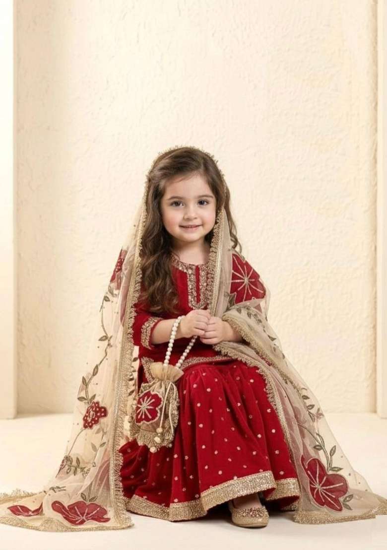 Maroon Embroidered Silk Sharara Set For Girls - Indya