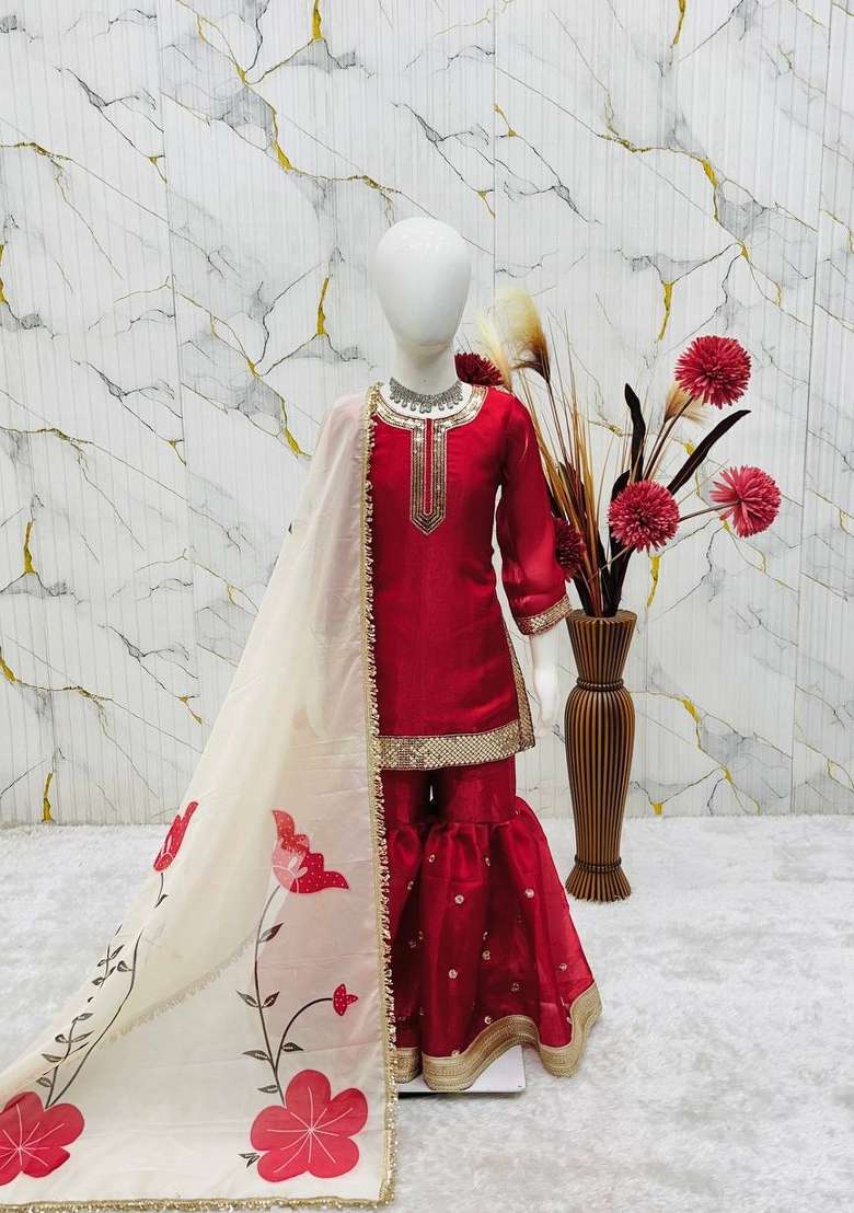 Maroon Embroidered Silk Sharara Set For Girls - Indya