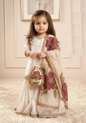 Off White Embroidered Silk Sharara Set For Girls
