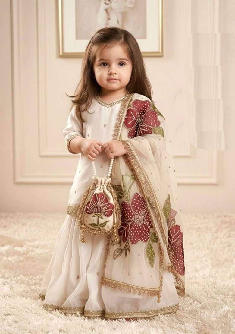 Off White Embroidered Silk Sharara Set For Girls - Indya