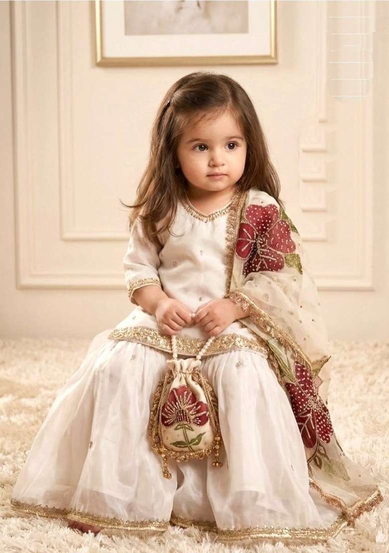 Off White Embroidered Silk Sharara Set For Girls - Indya